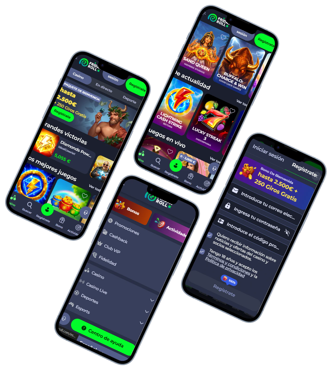 Fridayroll Casino versión móvil con juegos, bonos, menú y registro